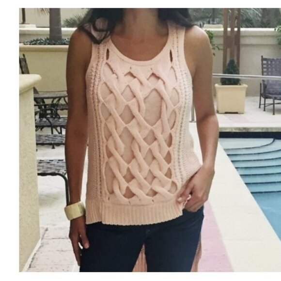 💥108 VENUS Chunky Cable Knit Sleeveless Sweater Pink High-Lo - Picture 8 of 10